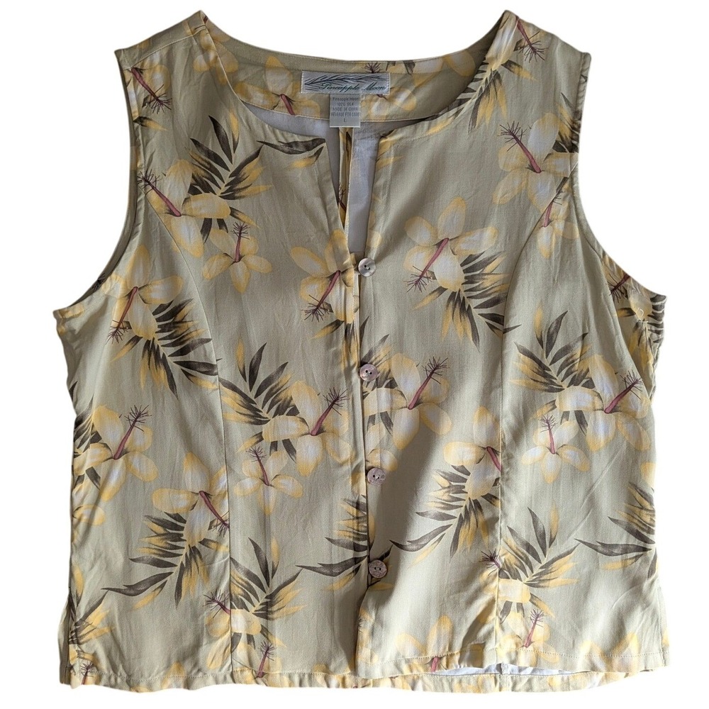 Pineapple Moon Womens Yellow Tropical Hibiscus 100% Silk Sleeveless Top Large